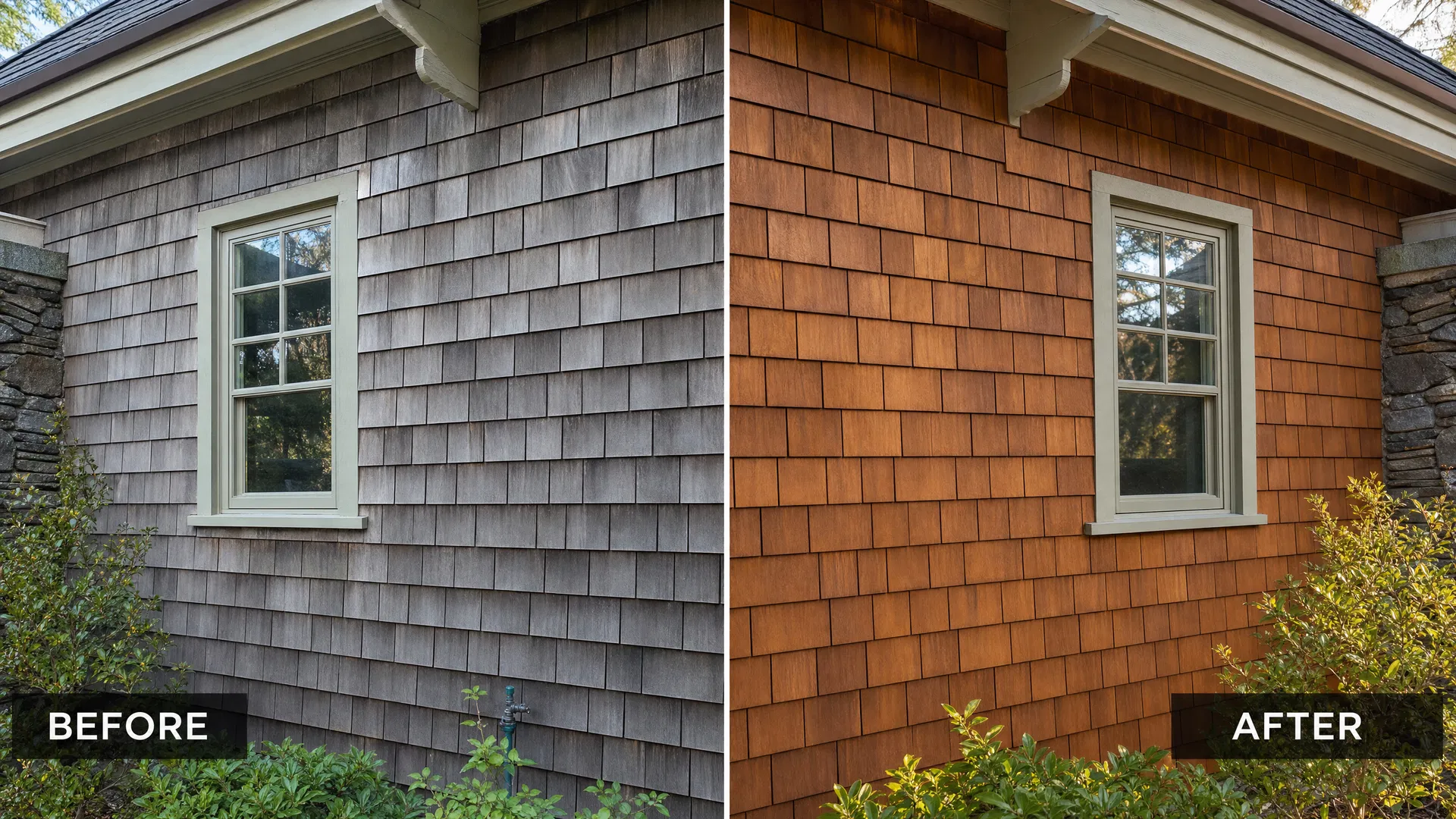 Before and after wood shingle restoration showing dramatic transformation from weathered gray to rich warm cedar tones on a Marin County home