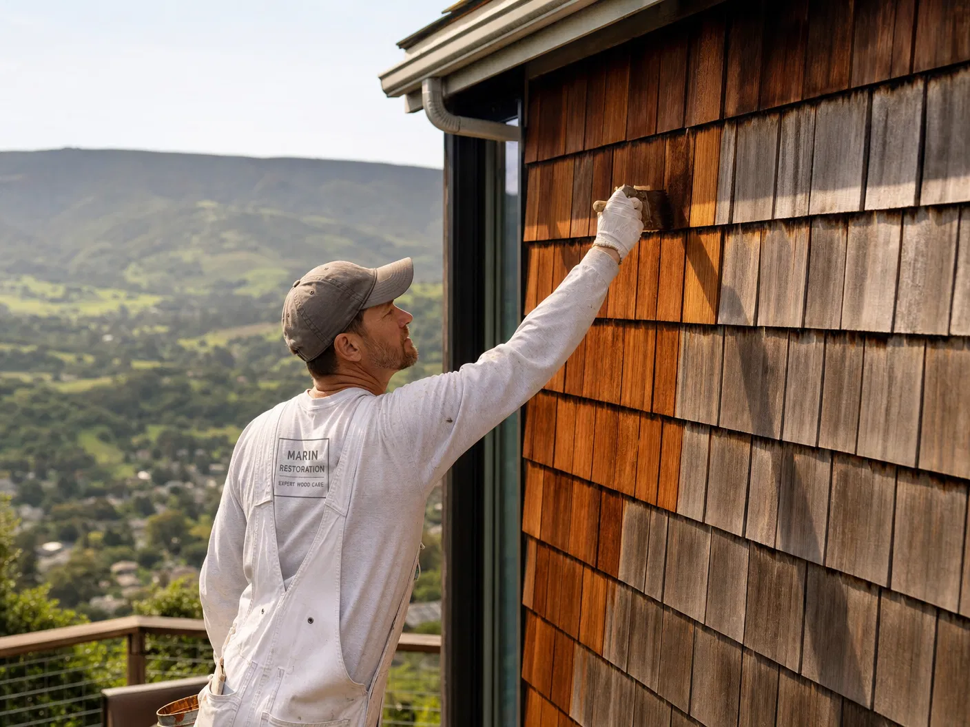 Blaine Robles, owner of Nor-Cal Wood Restoration, applying stain to cedar shingles on a Marin County hillside home
