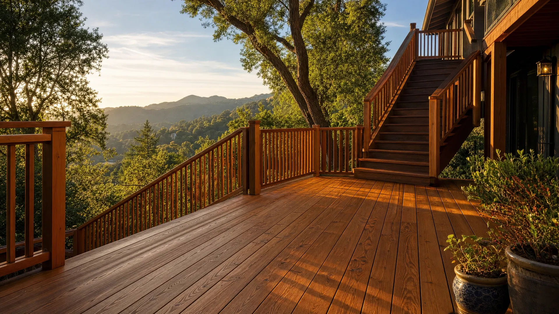 Beautifully restored redwood deck on a hillside home in Marin County, California