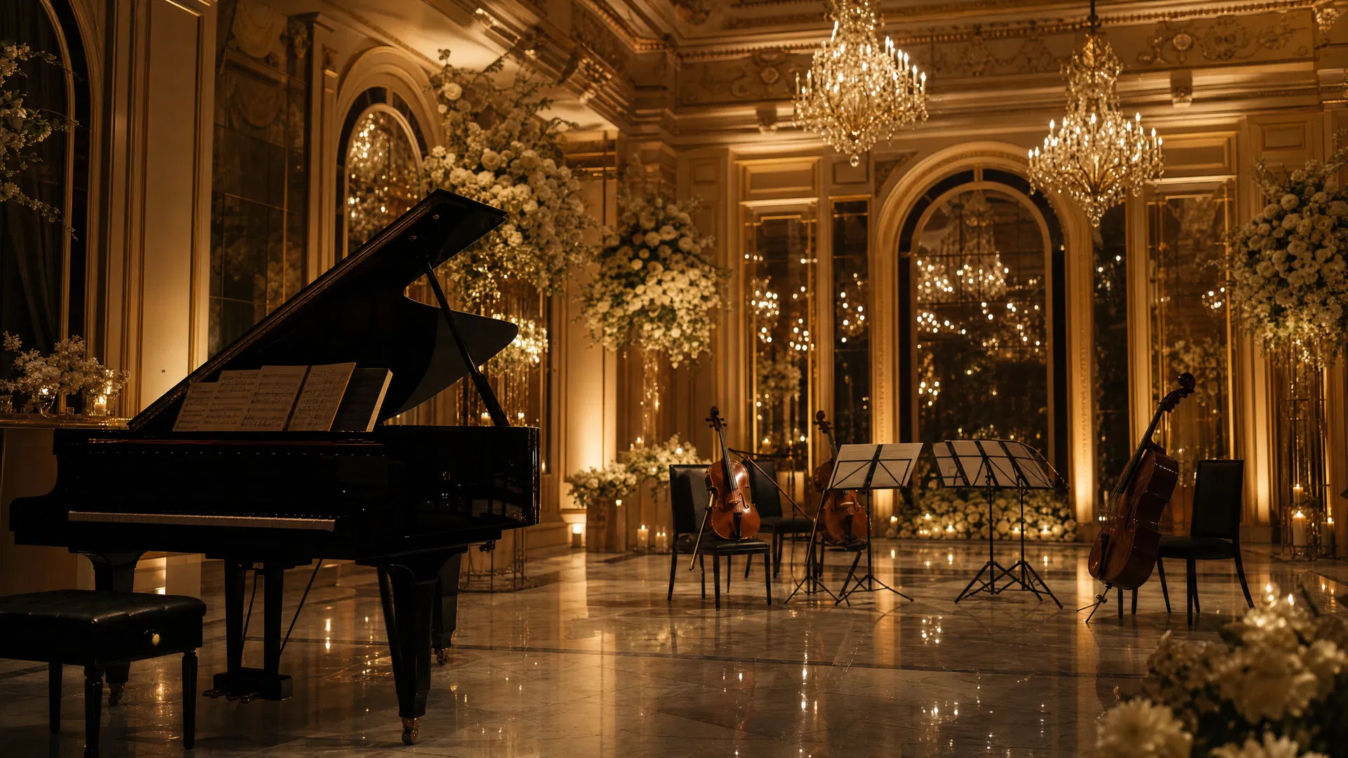 Luxury wedding hall with classical instruments