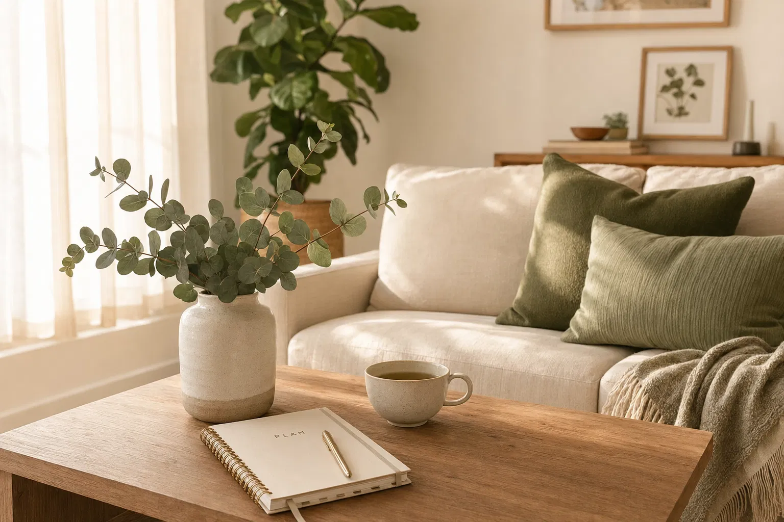 A peaceful, organized living room with planner and herbal tea — The Home Flow System