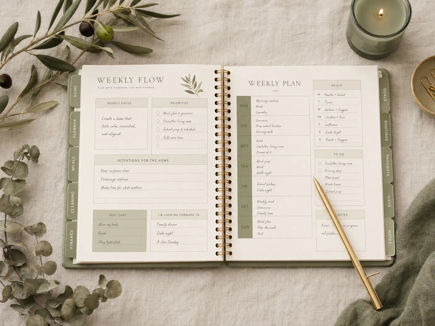 The Home Flow Planning System — weekly planner with botanical accents