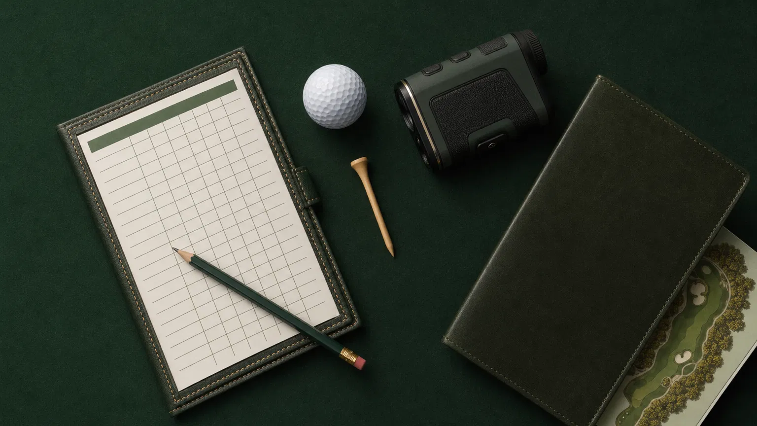 Golf essentials — scorecard, rangefinder, yardage book
