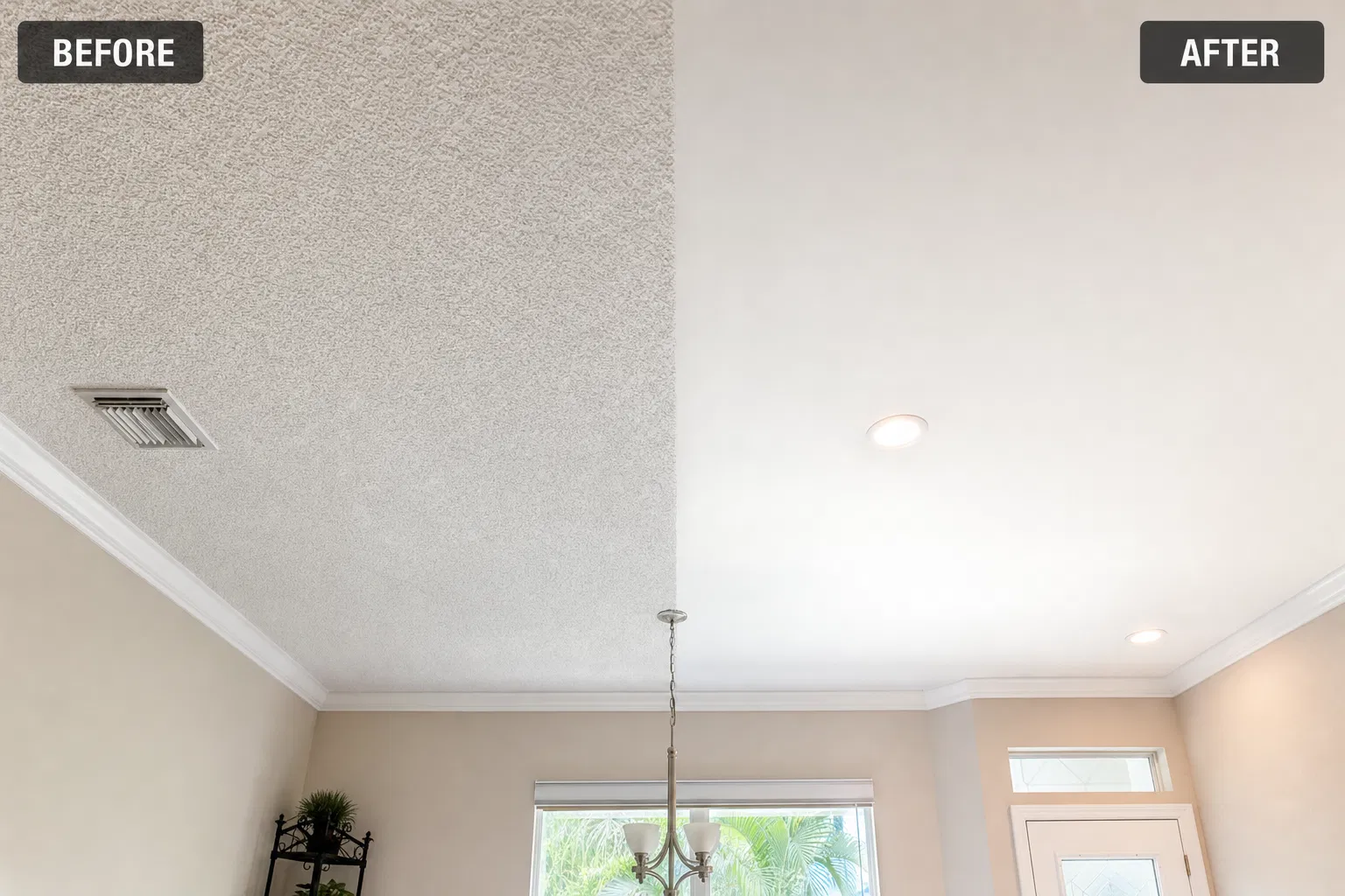 Before and after comparison of popcorn ceiling removal showing rough texture versus smooth modern finish