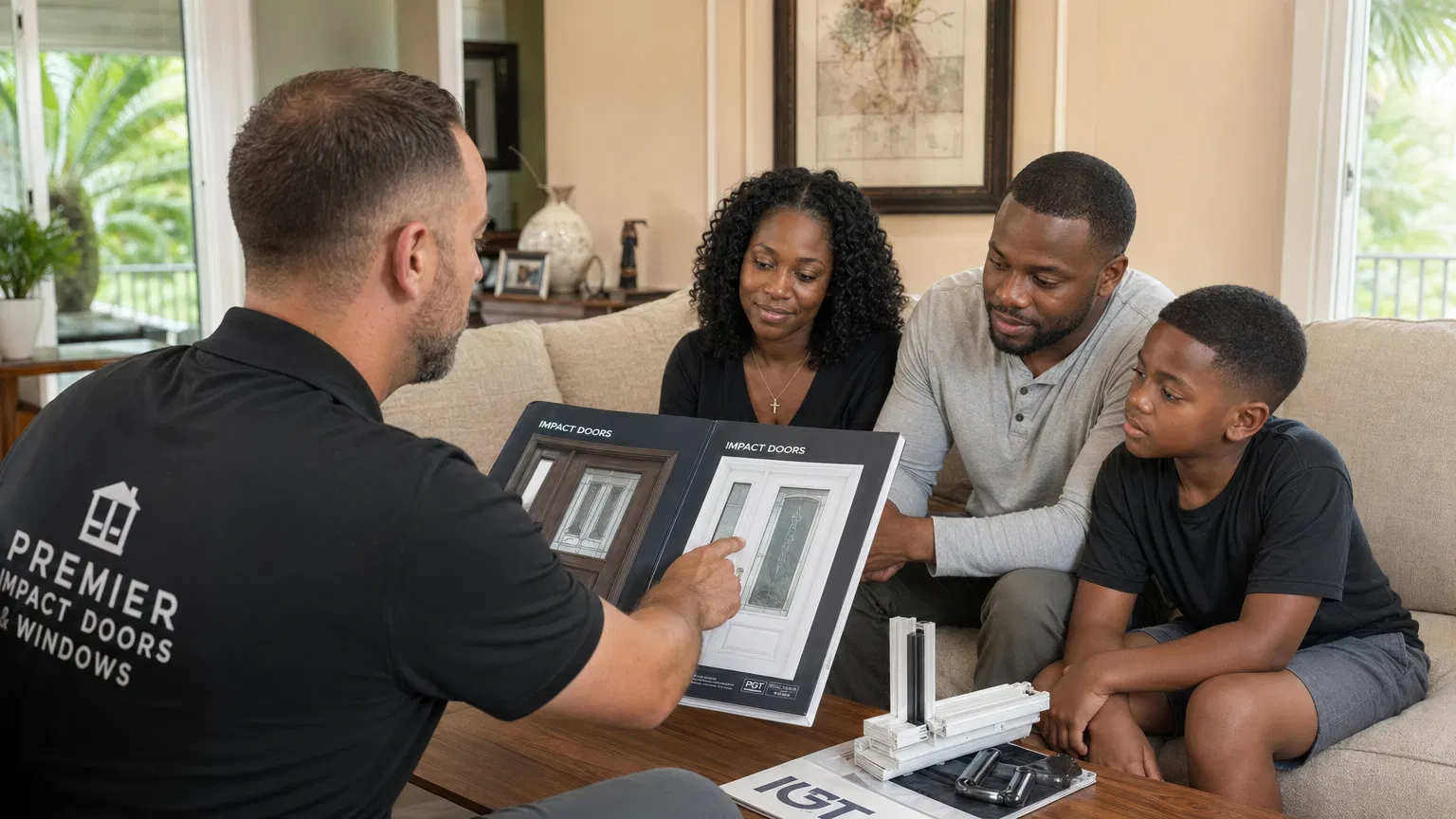 Contractor discussing impact doors with Black family