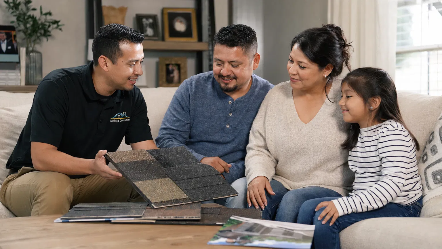 Project manager with Latino family reviewing samples