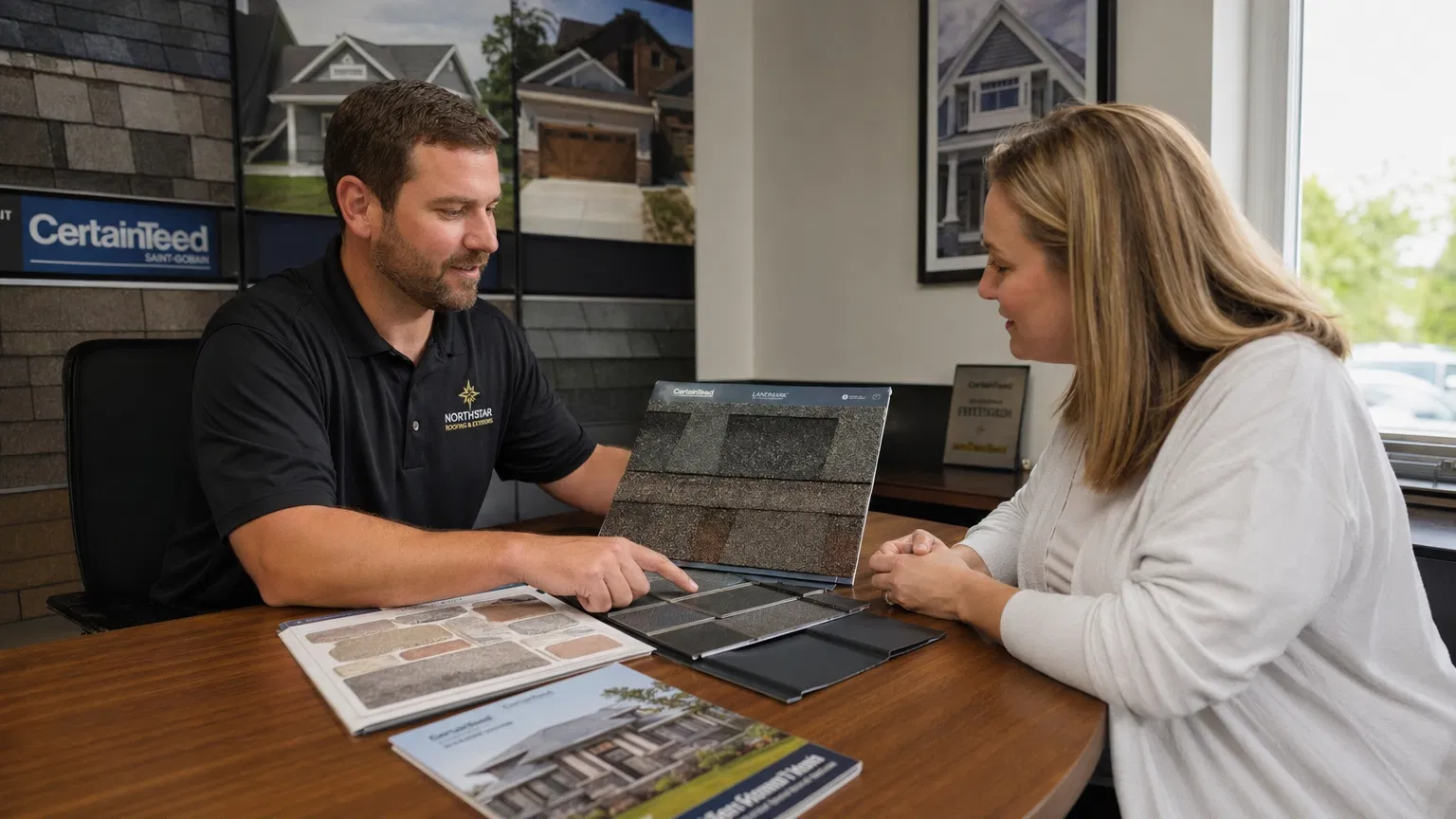Contractor discussing roofing options with single homeowner