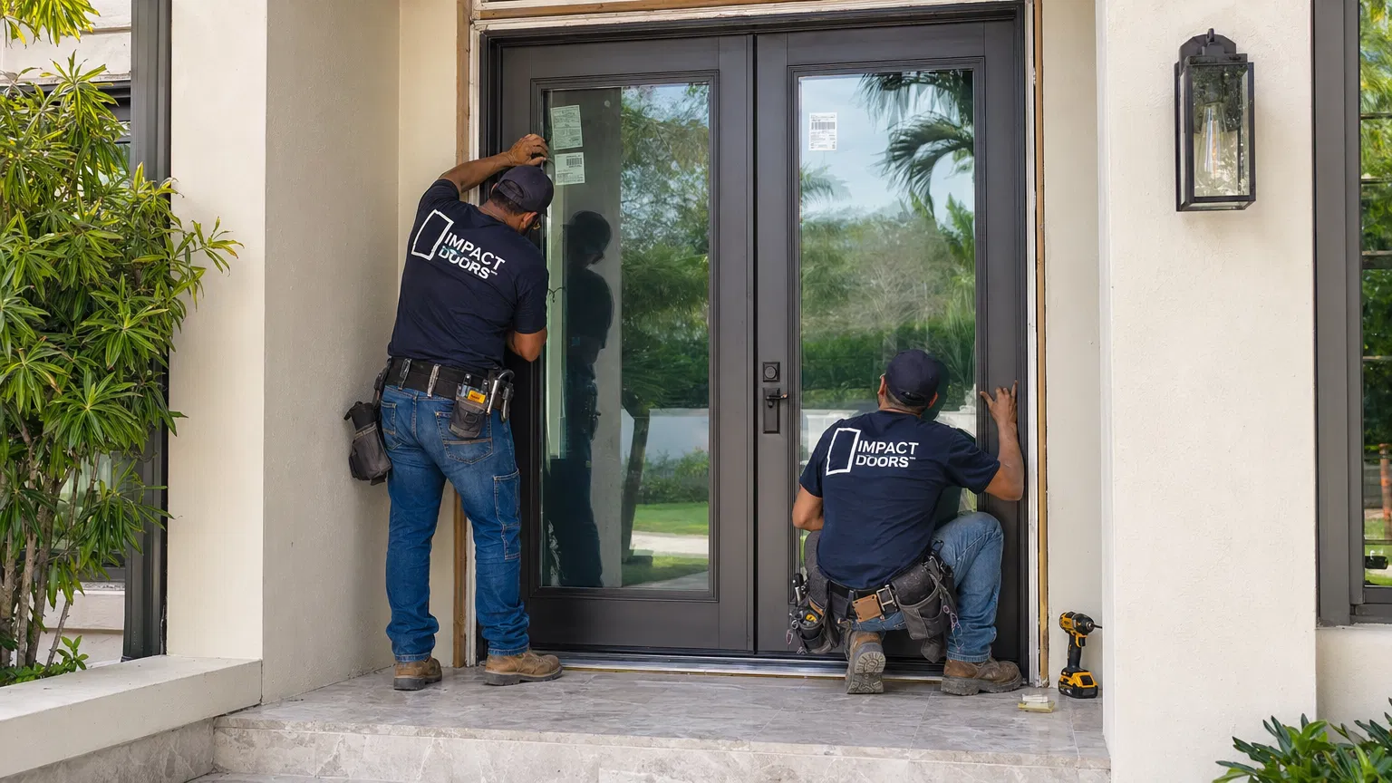 Professional installation crew installing impact doors