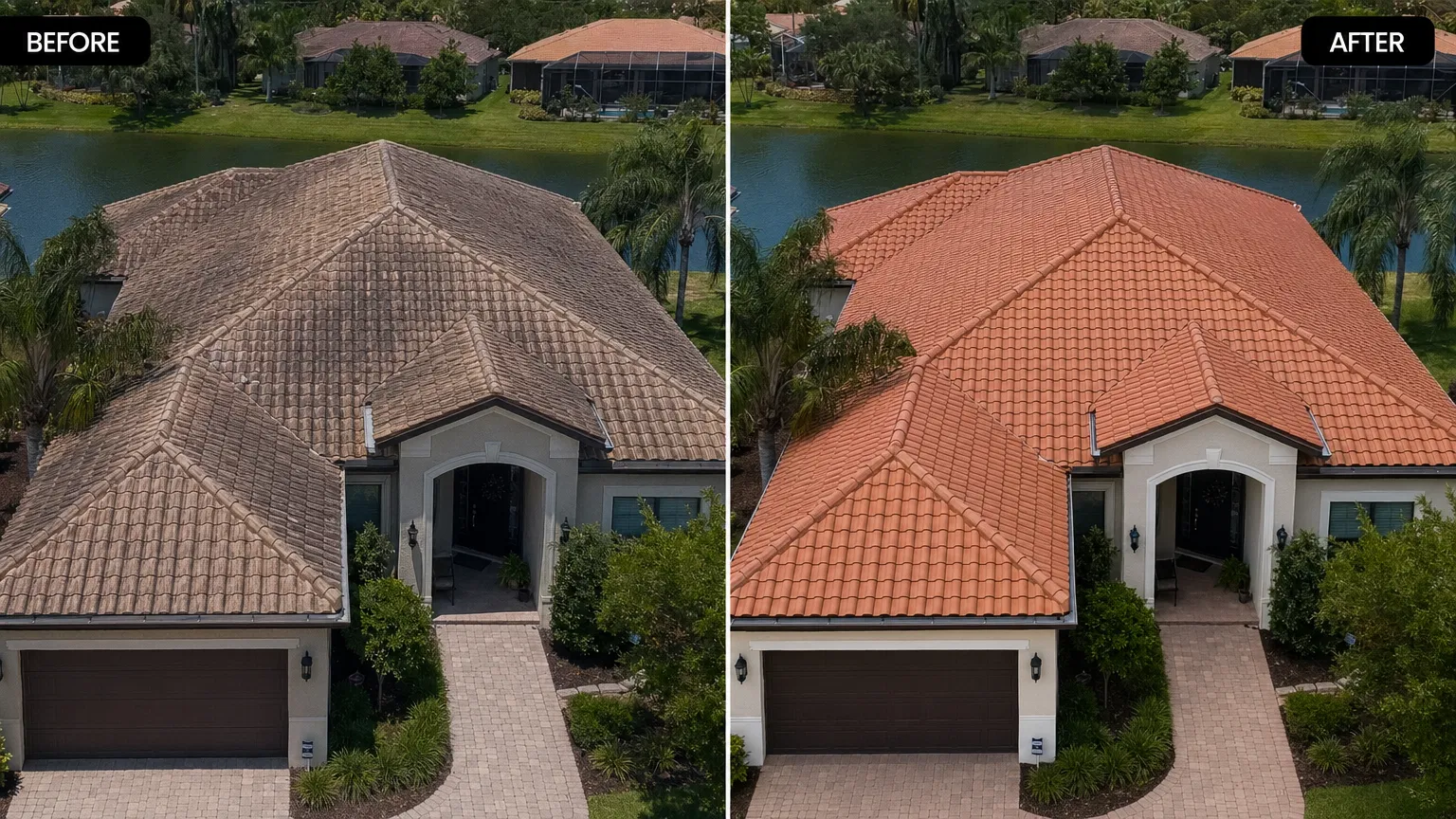 Before and after new tile roof installation