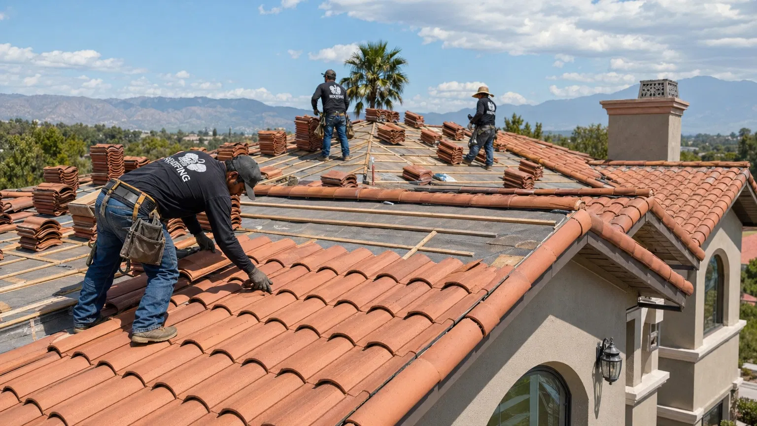 Professional roofing crew installing new tile roof
