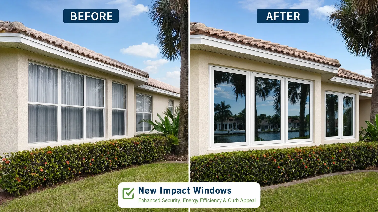 Before and after impact windows on Florida home