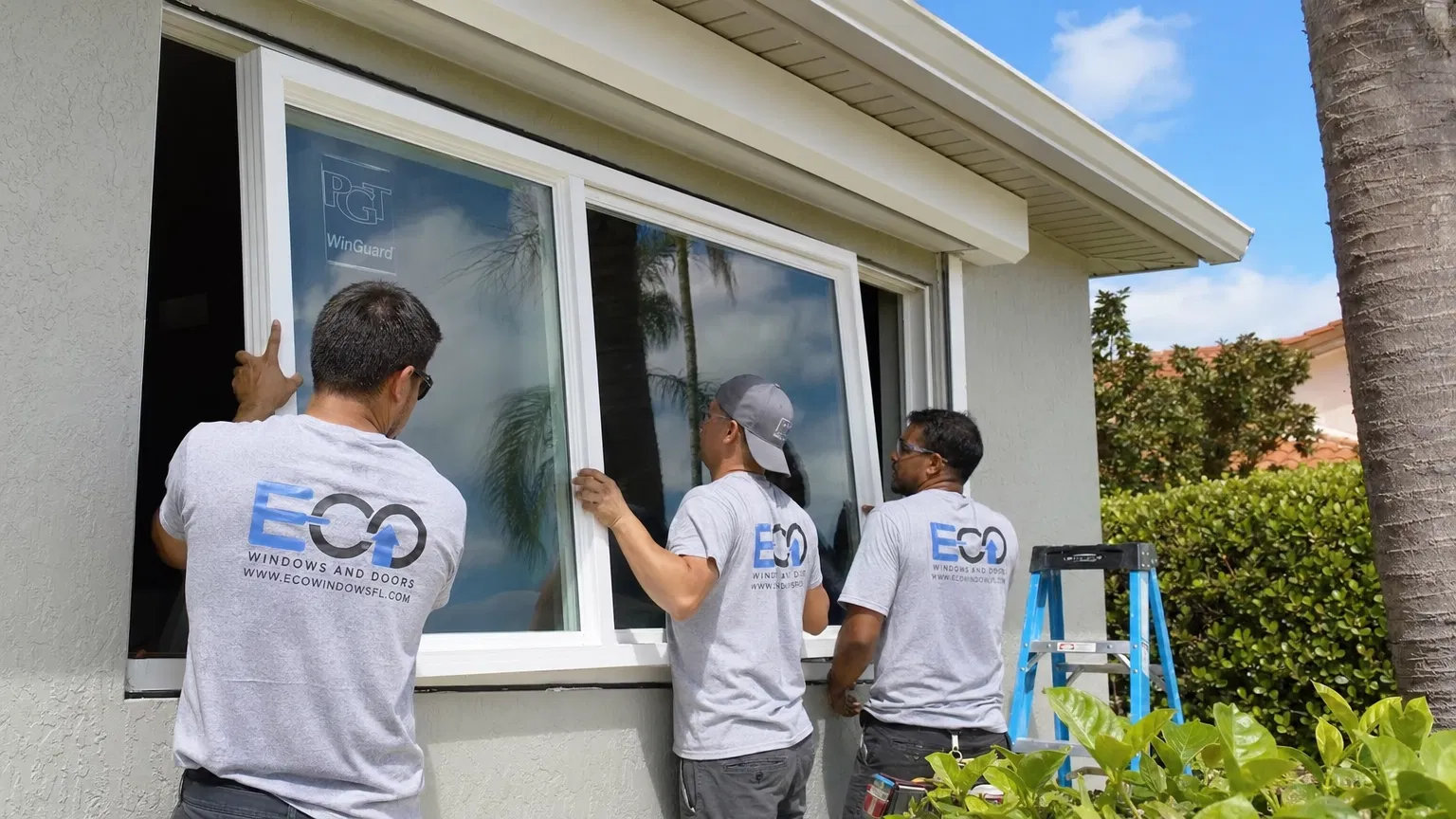 Professional installation crew installing impact windows