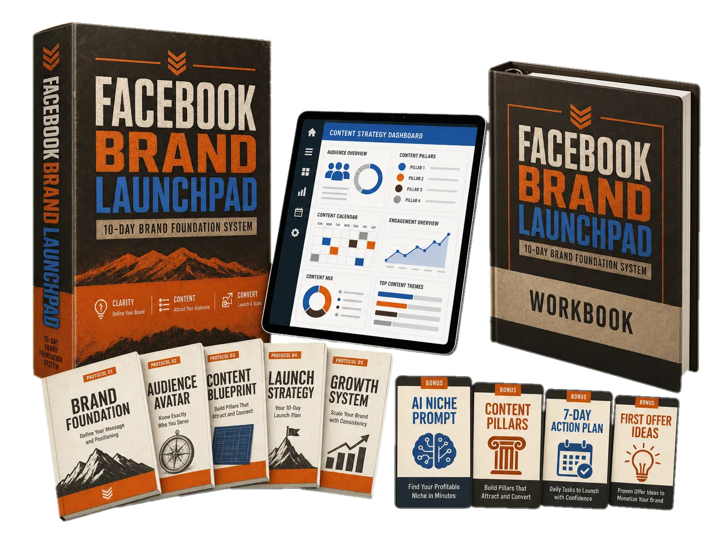 Transparent premium mockup of The Facebook Brand Launchpad course bundle