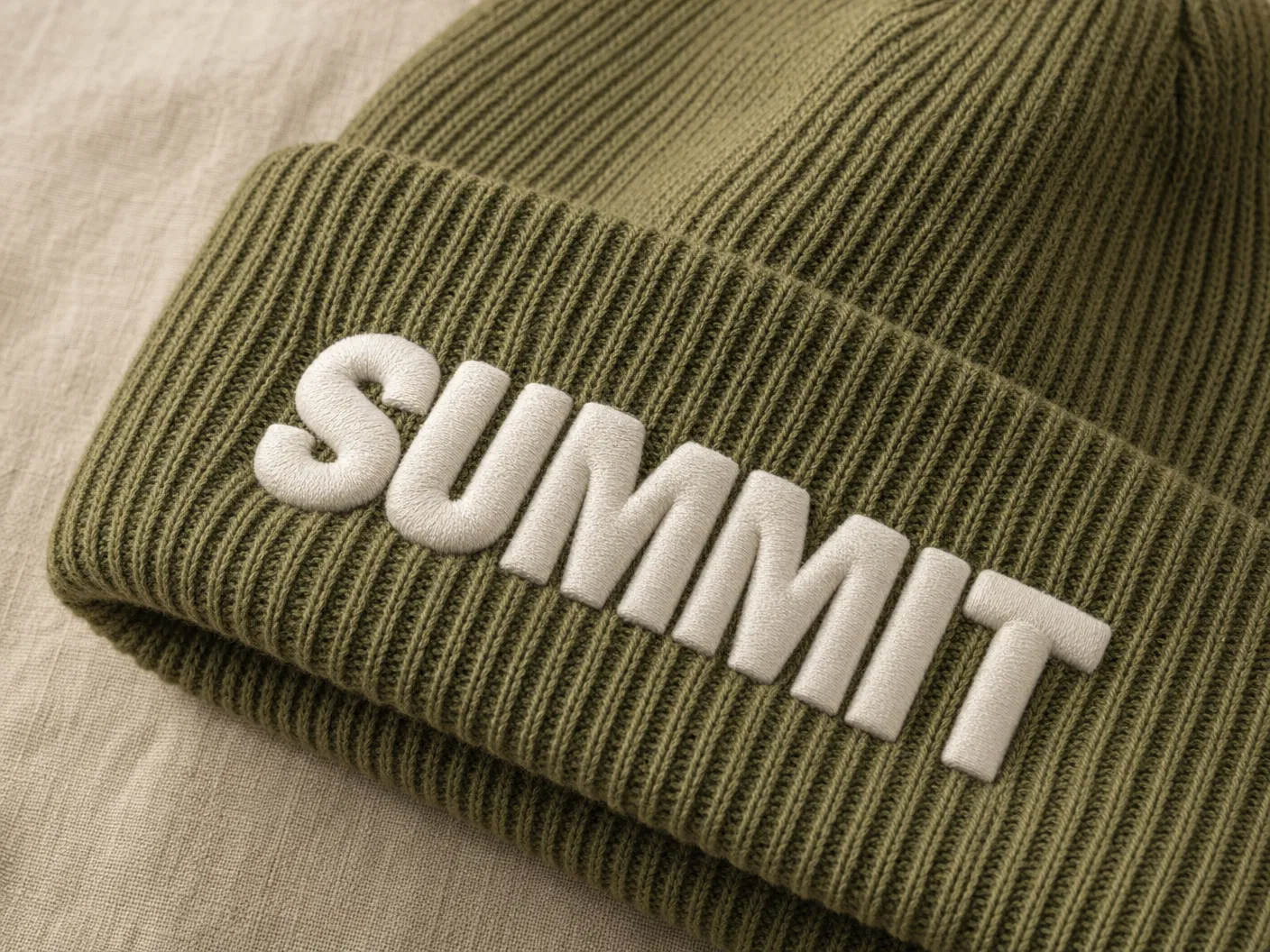 3D puff embroidery SUMMIT text on olive green beanie