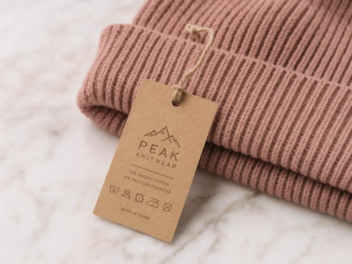 Kraft hangtag on dusty rose beanie