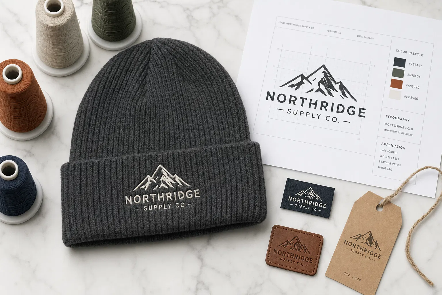 Custom logo service workspace with charcoal beanie, embroidery threads, woven label, leather patch and hangtag on marble surface