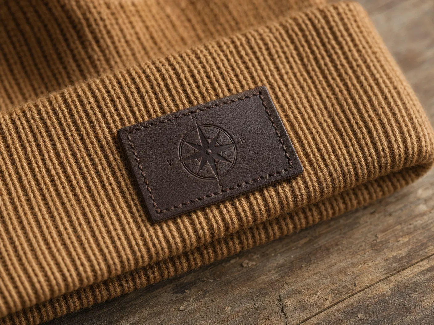 Leather patch with compass rose on camel tan beanie