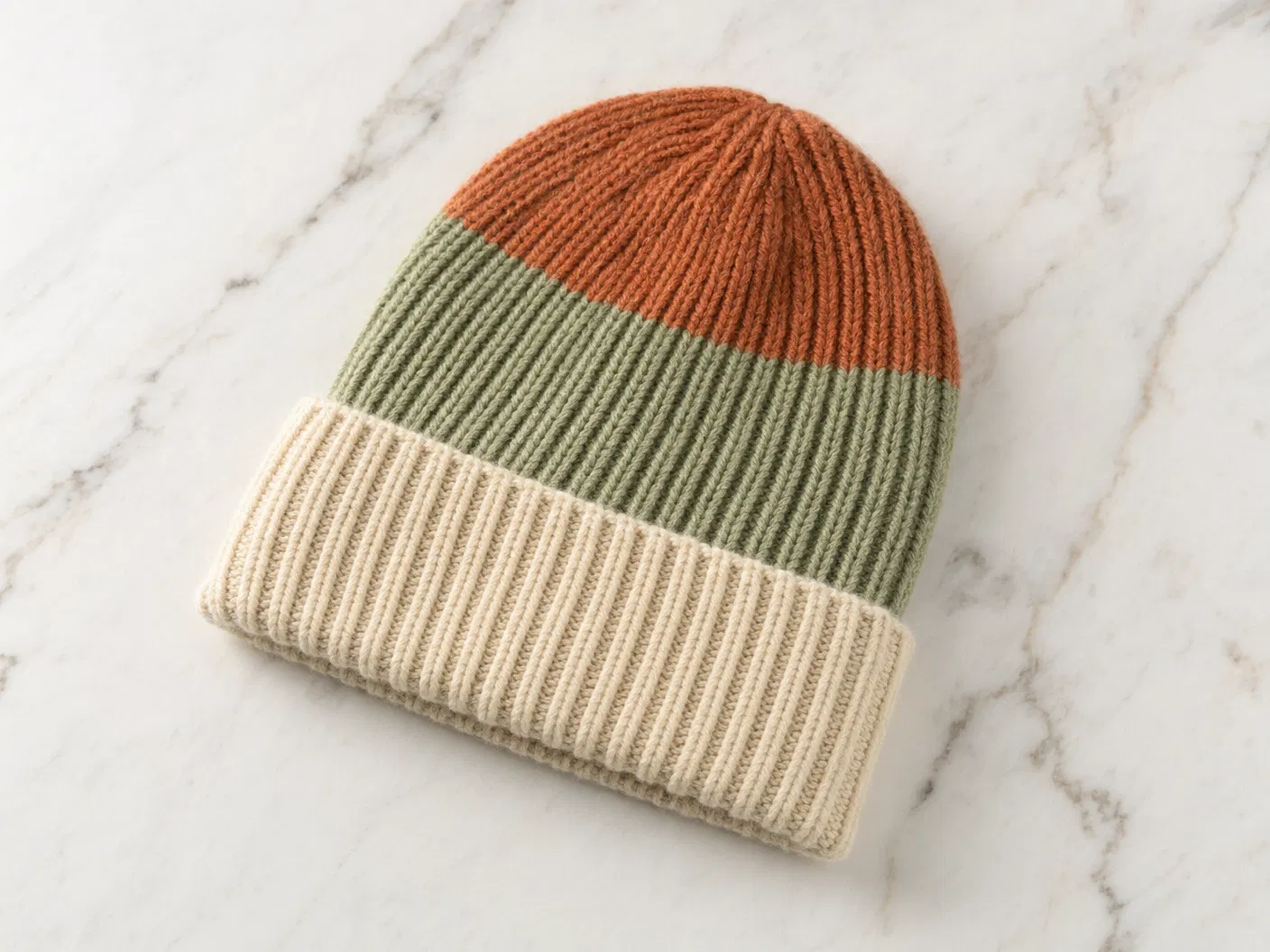 Three-color block jacquard beanie in cream, sage and terracotta