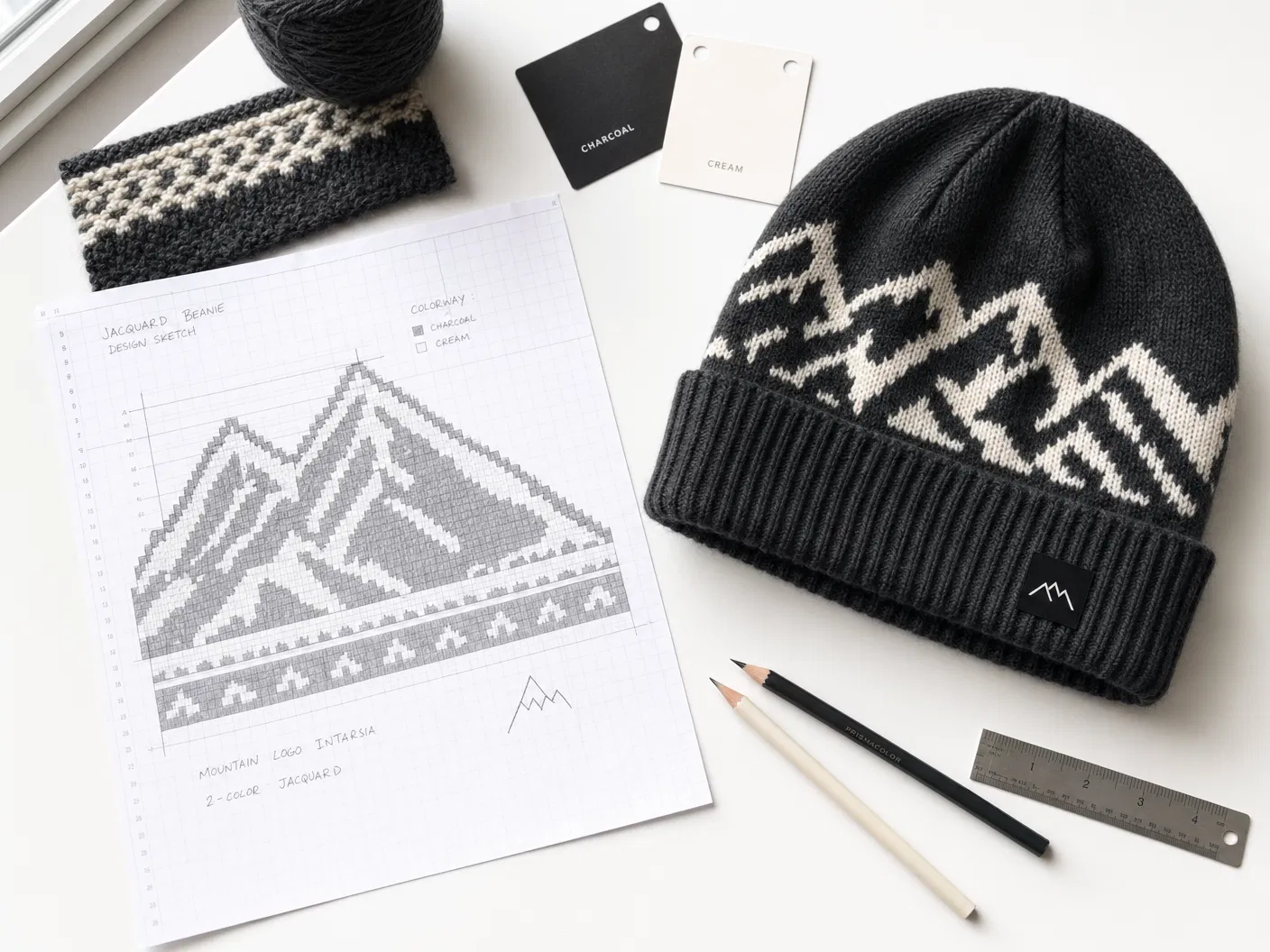 Jacquard beanie design process workspace with graph paper sketch, finished beanie, color swatches and pencils