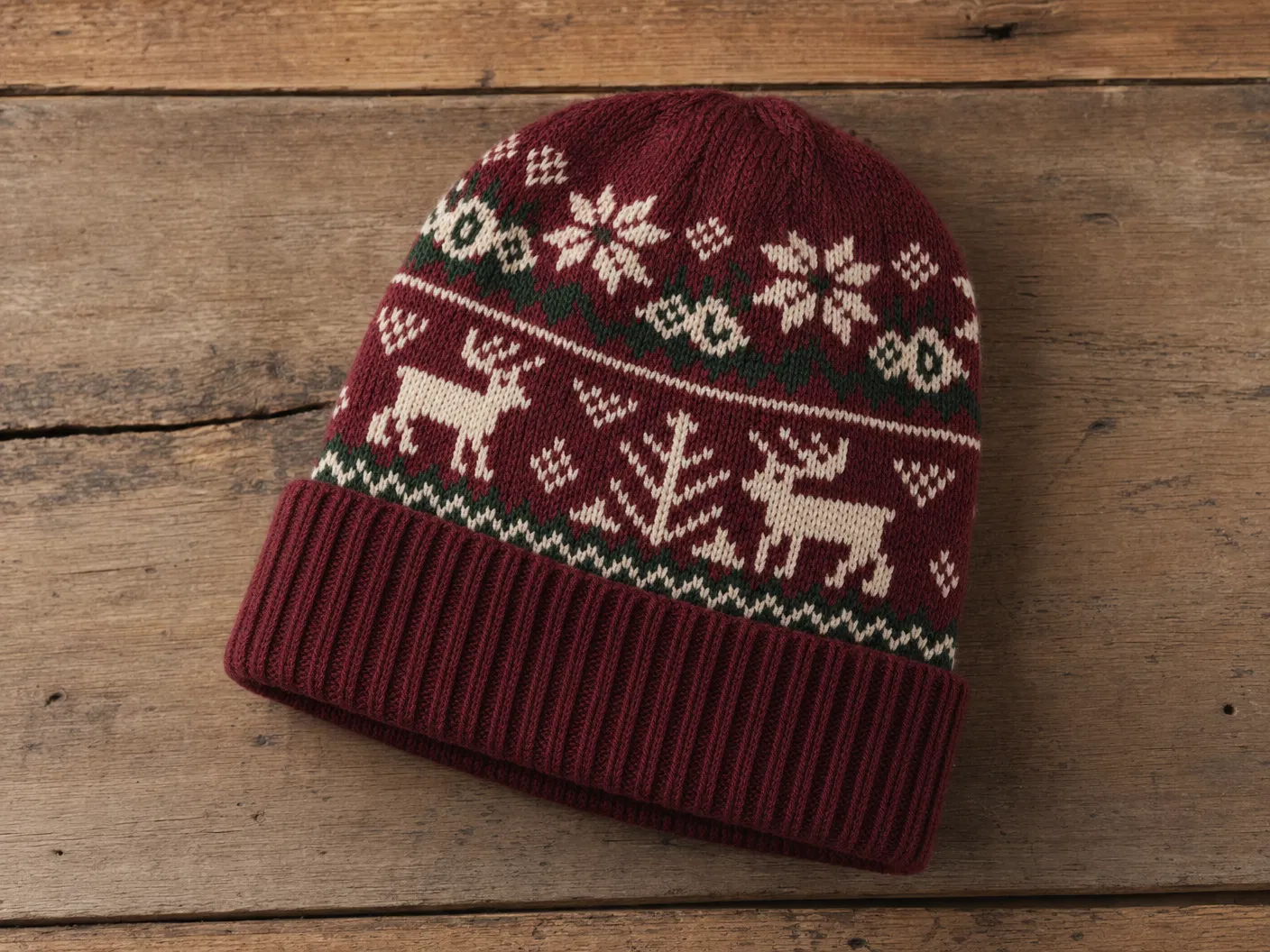 Burgundy Nordic Fair Isle jacquard beanie with reindeer and snowflake pattern
