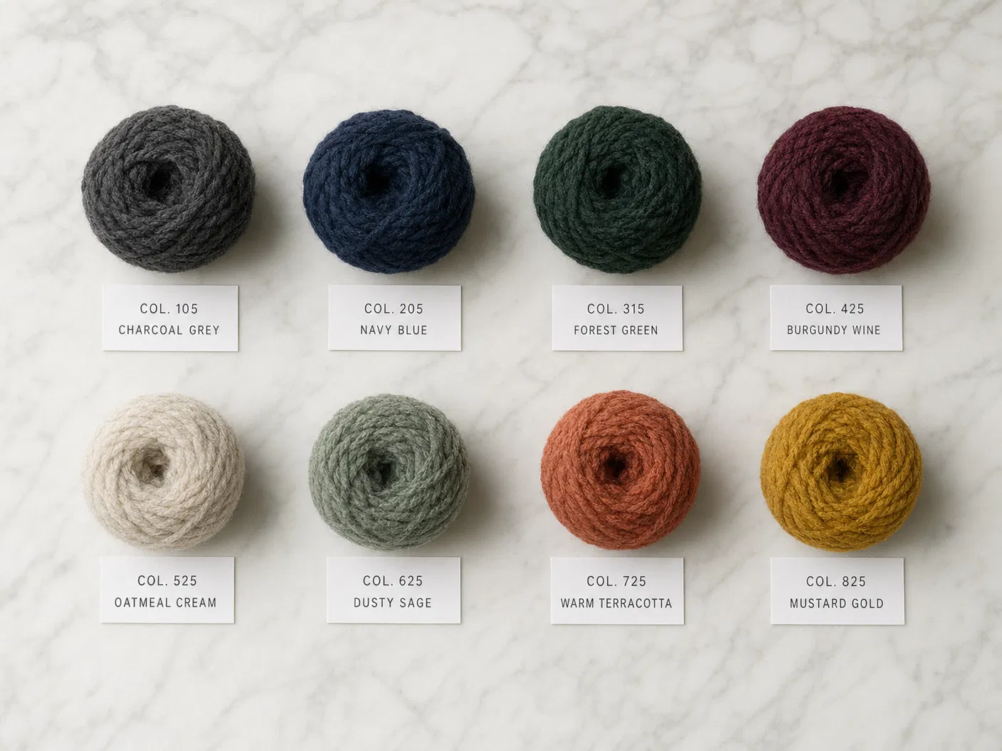 Eight yarn color swatches: charcoal grey, navy blue, forest green, burgundy wine, oatmeal cream, dusty sage, warm terracotta, mustard gold