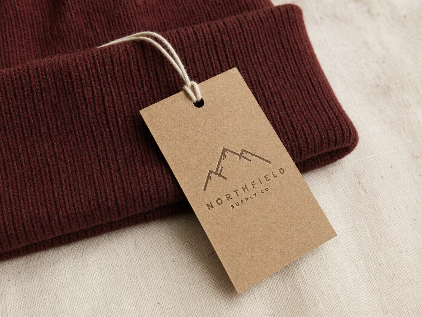 Kraft paper hangtag on burgundy beanie