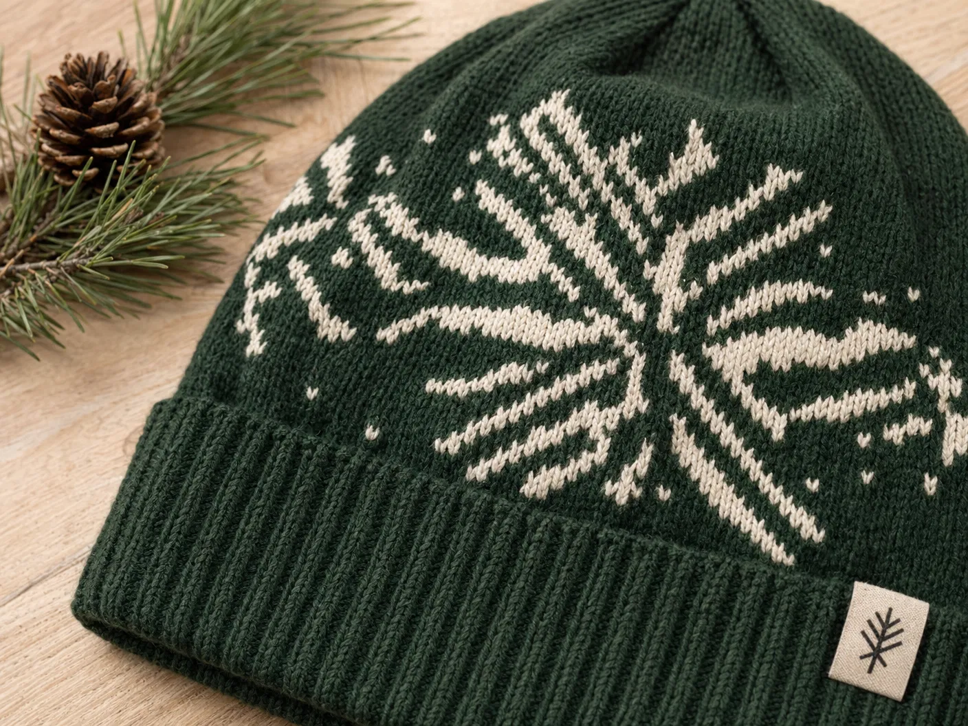 Forest green jacquard snowflake pattern beanie