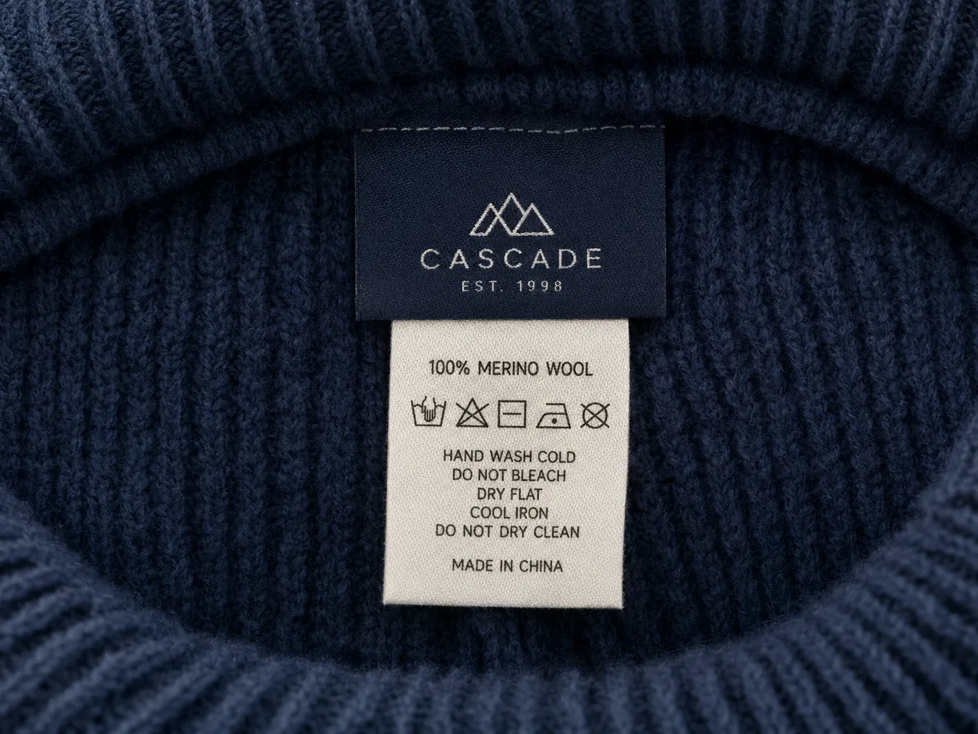 Care label and brand label inside navy beanie