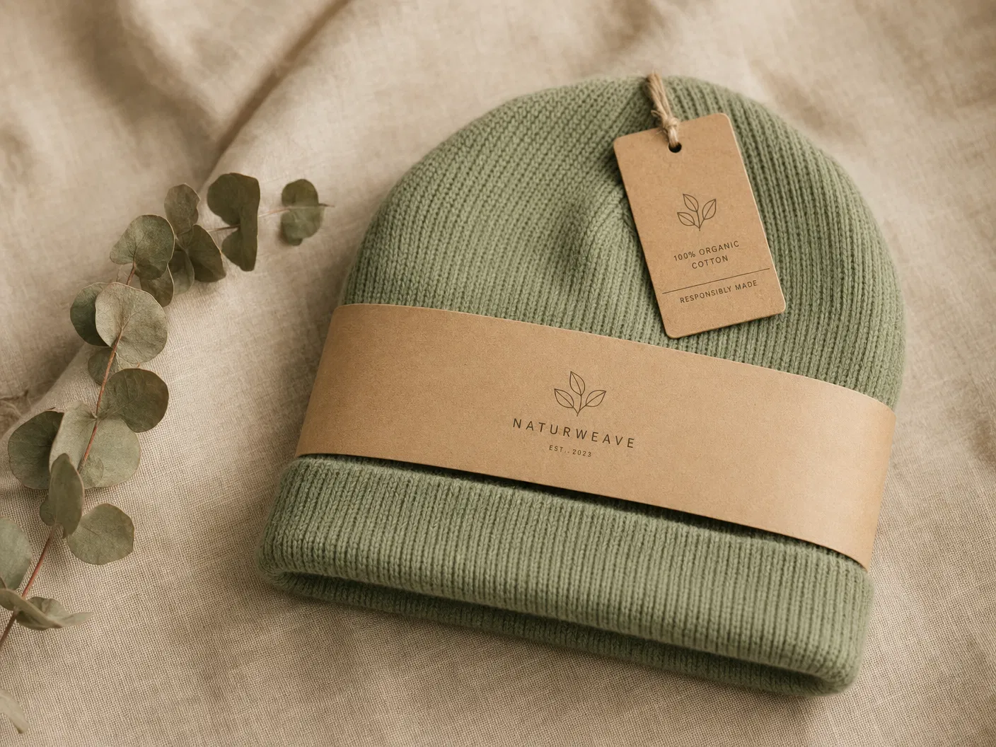 Sage green beanie with kraft paper band and recycled tag