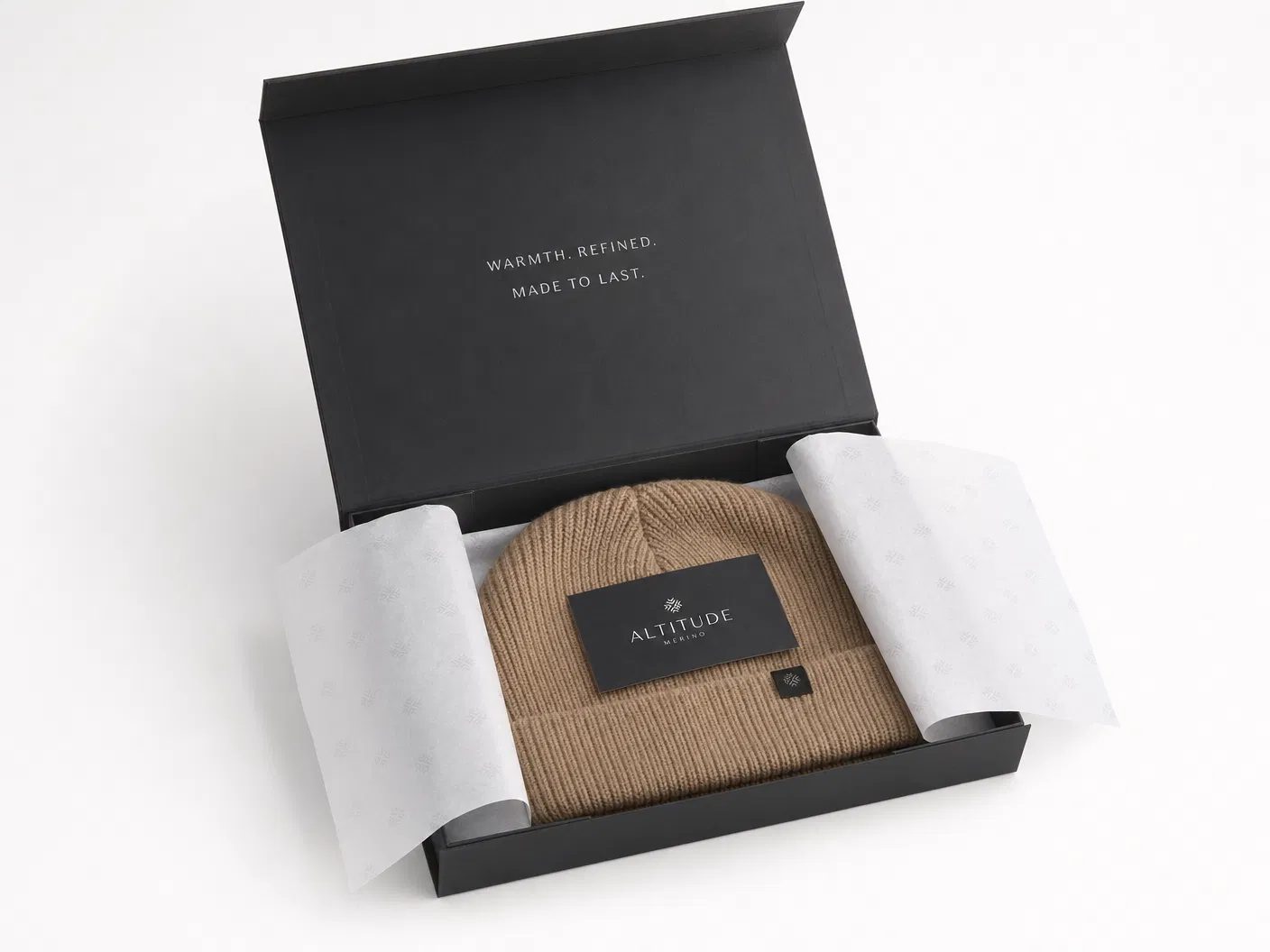 Camel beanie in matte black gift box with tissue paper