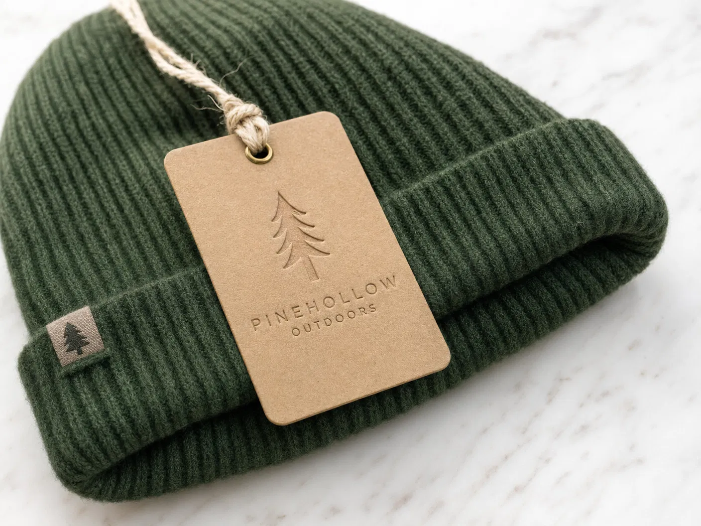 Kraft hangtag with hemp string on forest green beanie