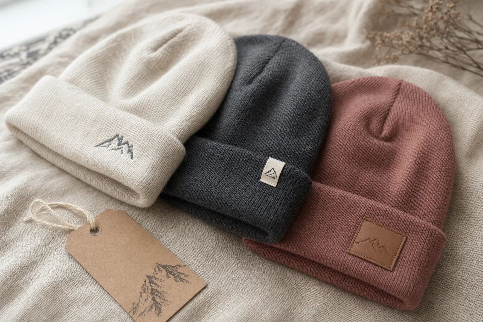Three custom beanies with embroidery, woven label and leather patch on linen surface with kraft hangtag