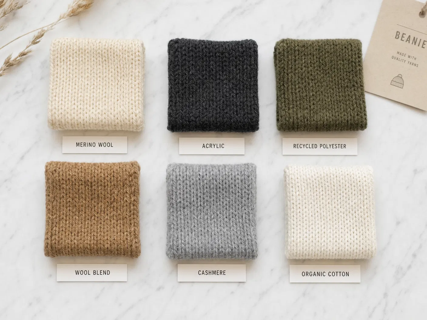 Six yarn material swatches - merino wool, acrylic, recycled polyester, wool blend, cashmere, organic cotton