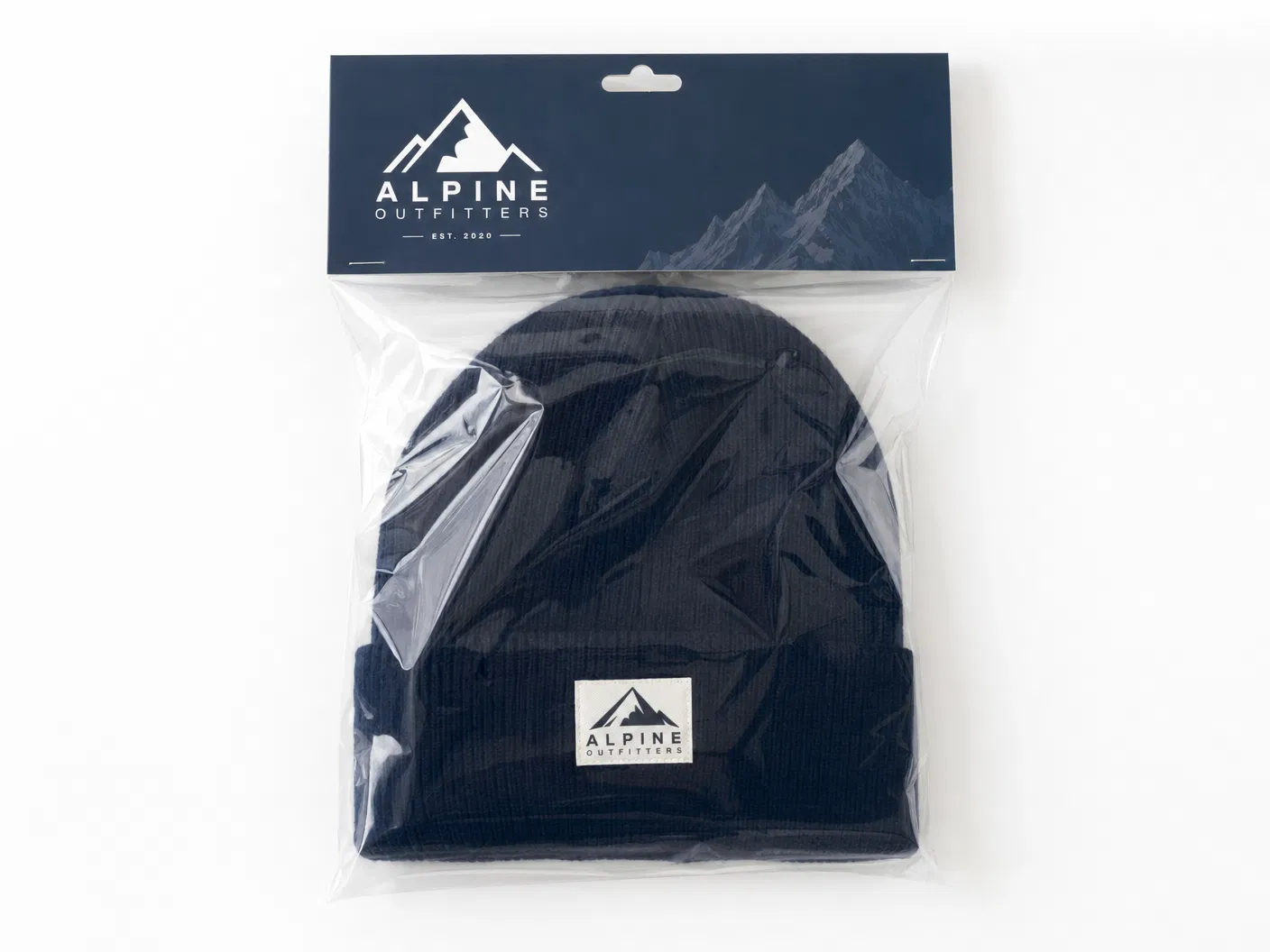 Navy beanie in clear poly bag with branded header card