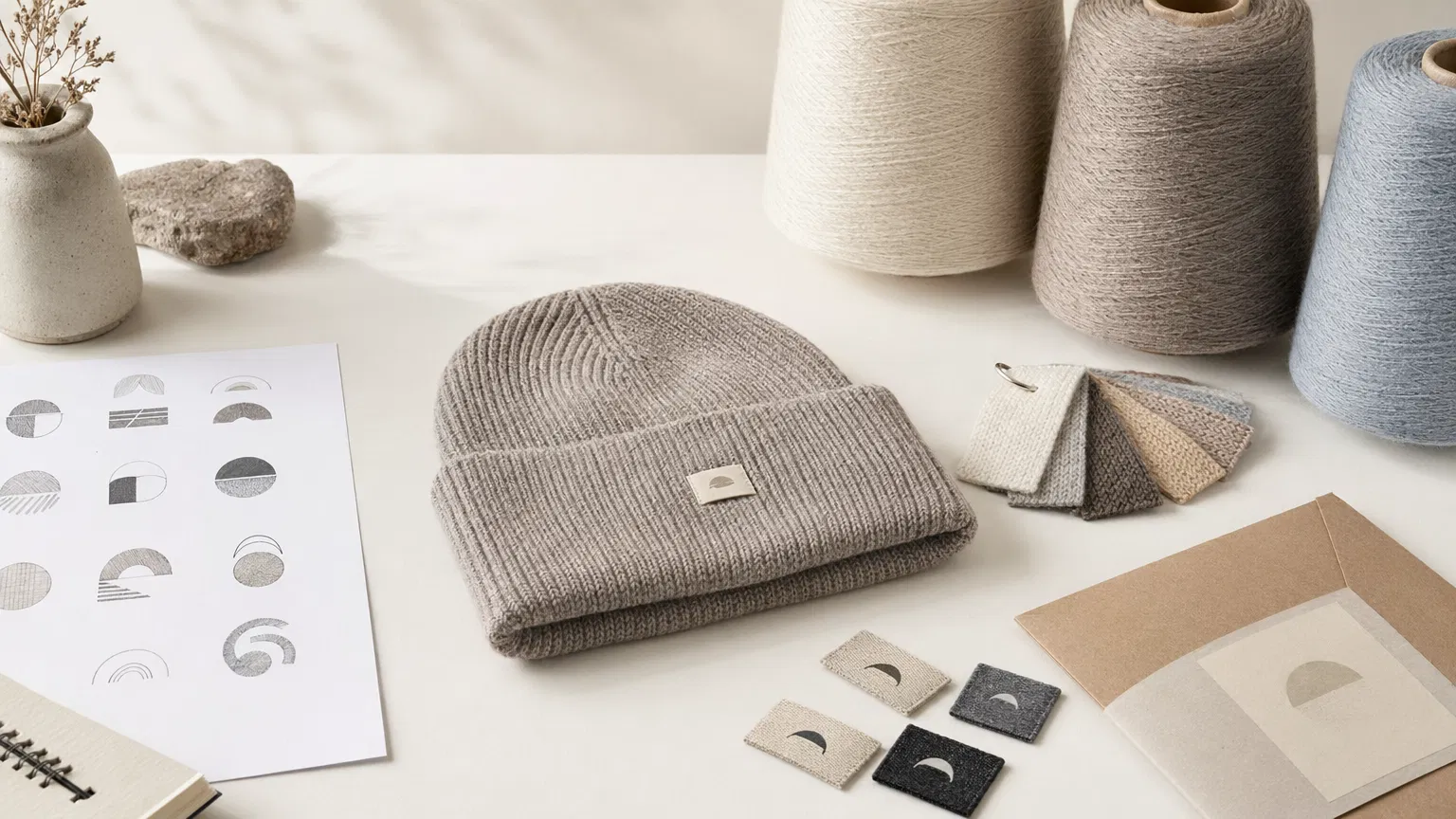 Beanie sample, yarn cones, color cards, logo artwork and packaging details on a simple worktable