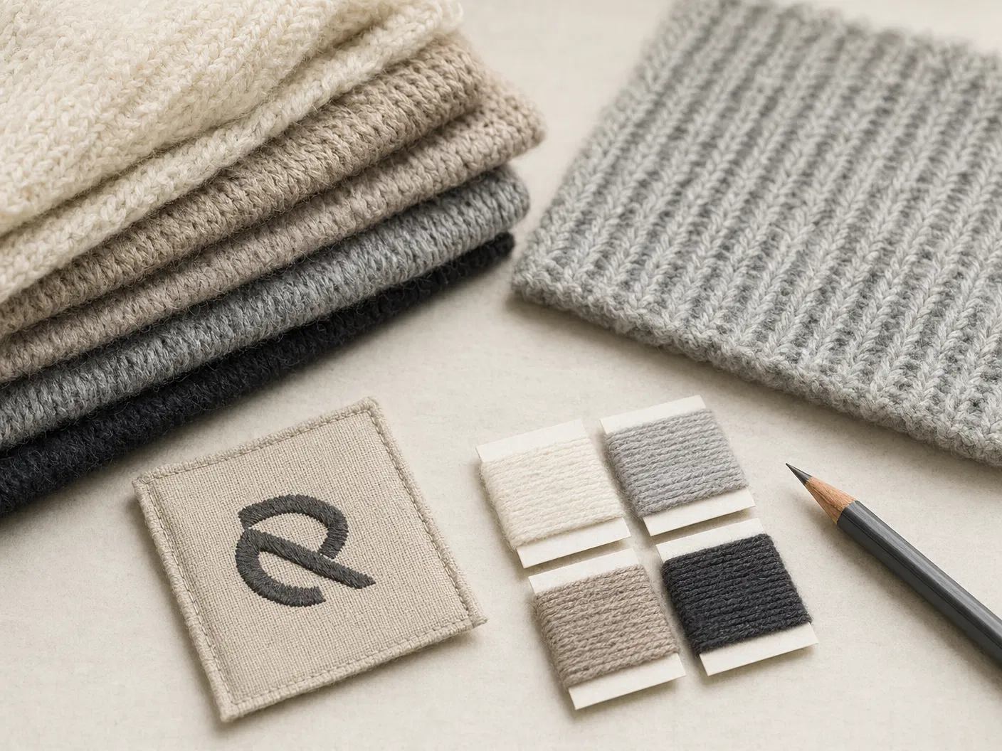 Material swatches, knit panel, logo patch and color chips for a custom knit project