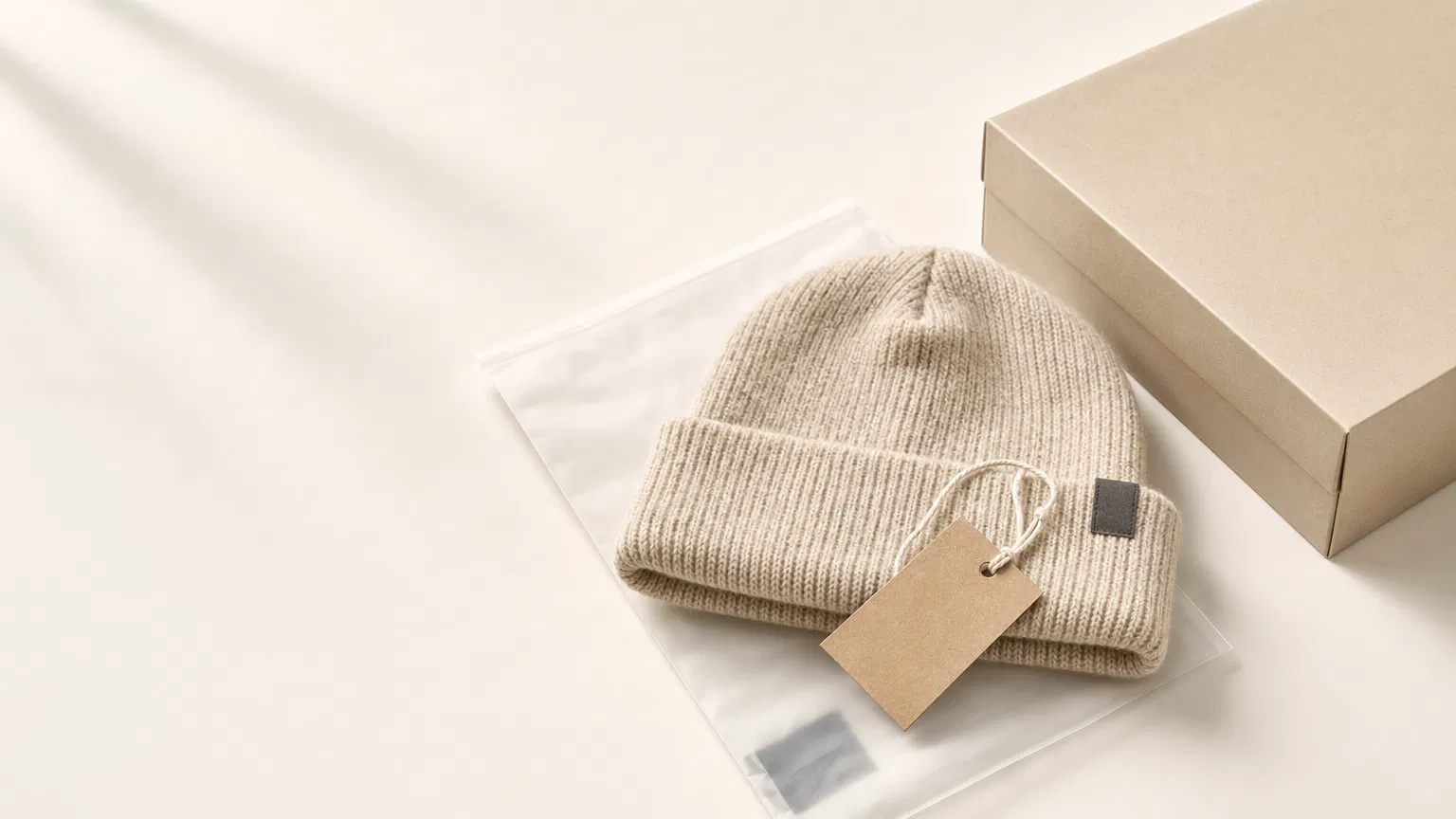 Premium oatmeal beanie with woven label, hangtag, poly bag and gift box packaging