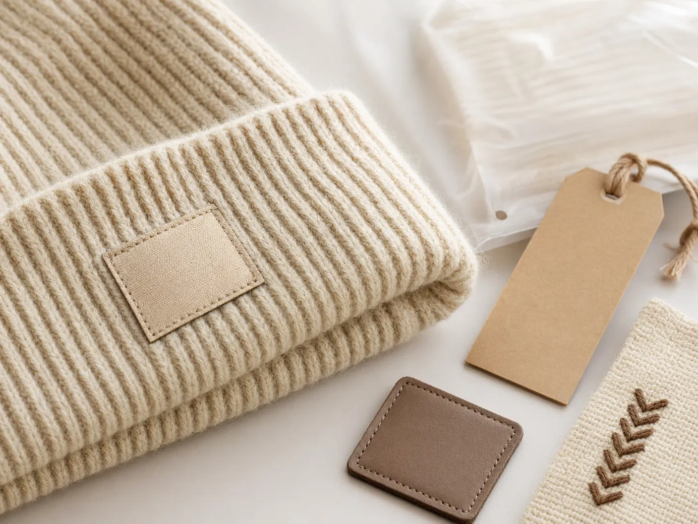 Close-up of beanie branding details including blank woven label, patch sample, embroidery and hangtag
