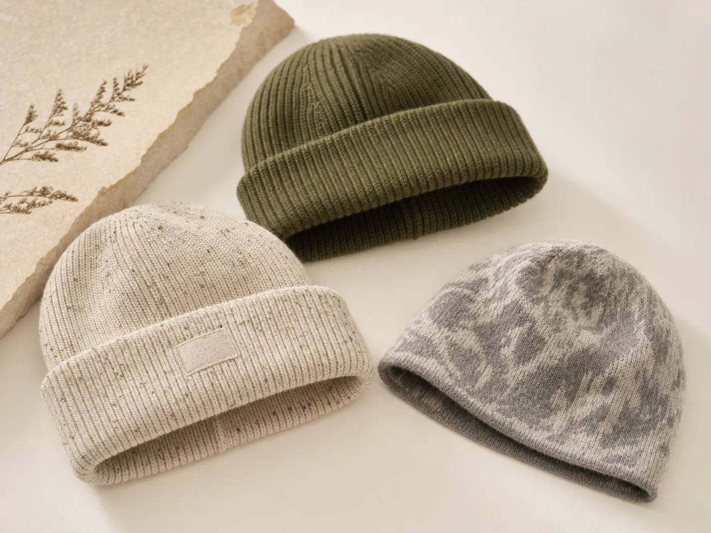 Premium close-up of custom cuffed, fisherman and jacquard beanies in neutral winter colors