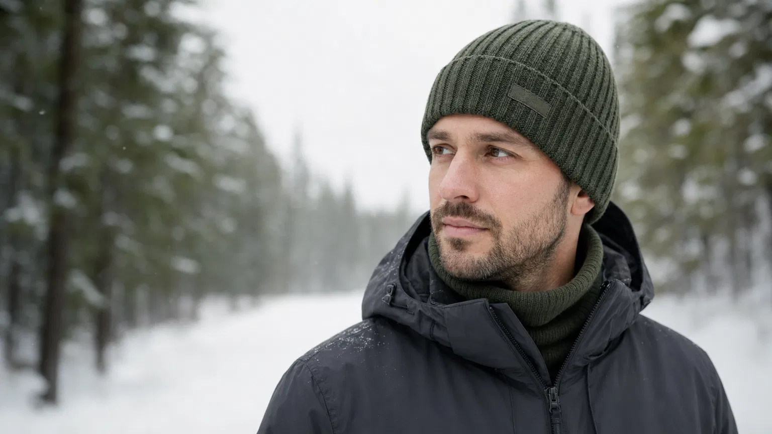 Outdoor winter model wearing a muted forest green custom rib-knit beanie and neck warmer in a snowy forest scene