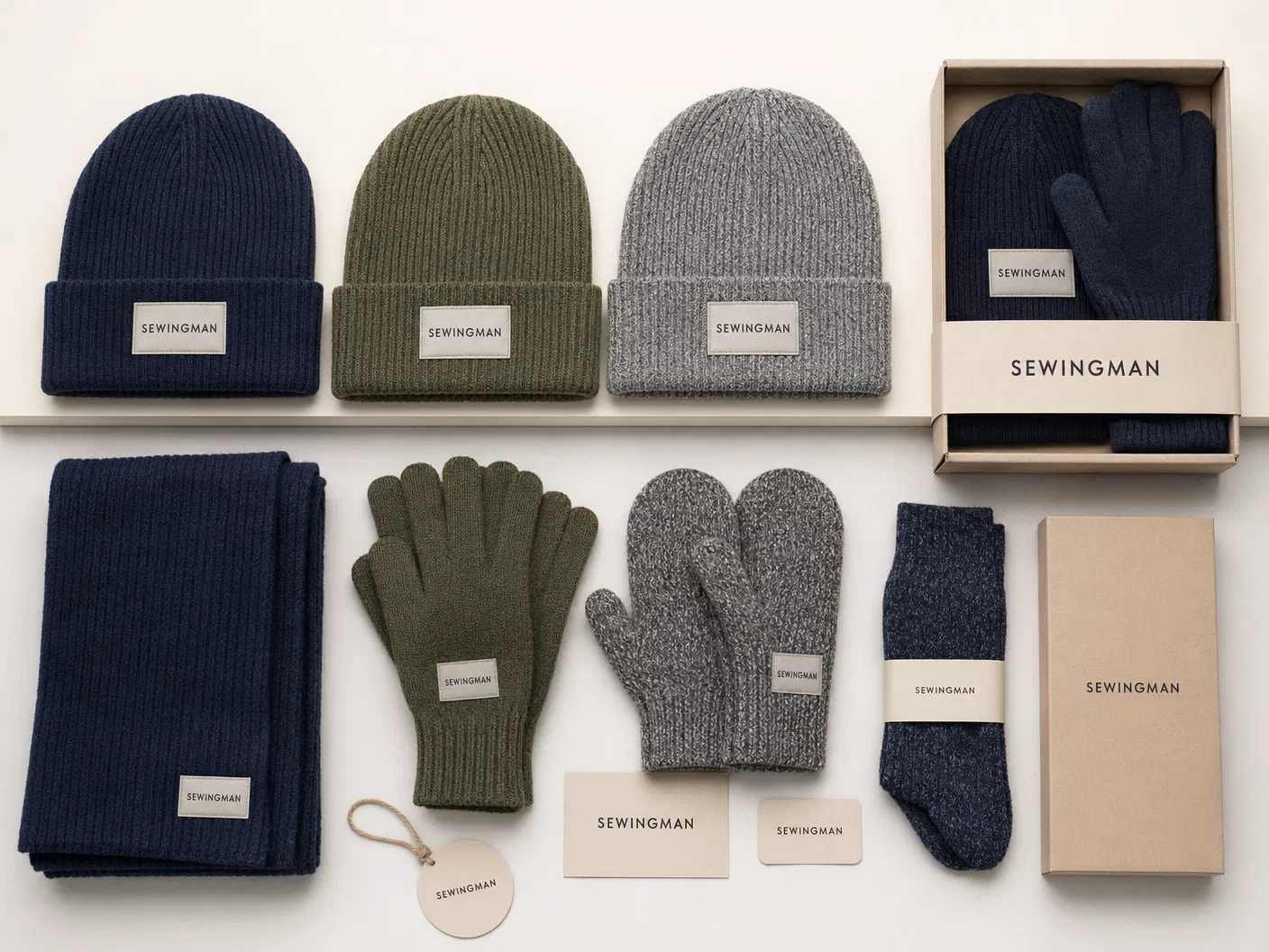 Premium organized SEWINGMAN promotional merchandise assortment with beanies, winter gift set, socks, scarf, gloves, mittens and simple packaging