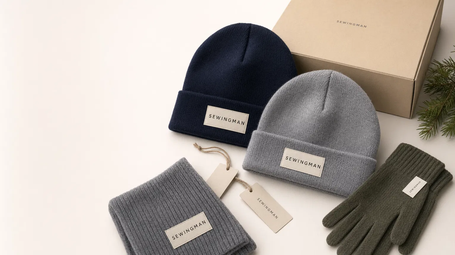 Organized SEWINGMAN logo-ready promotional beanies with knit gloves, scarf, hangtags and simple gift packaging