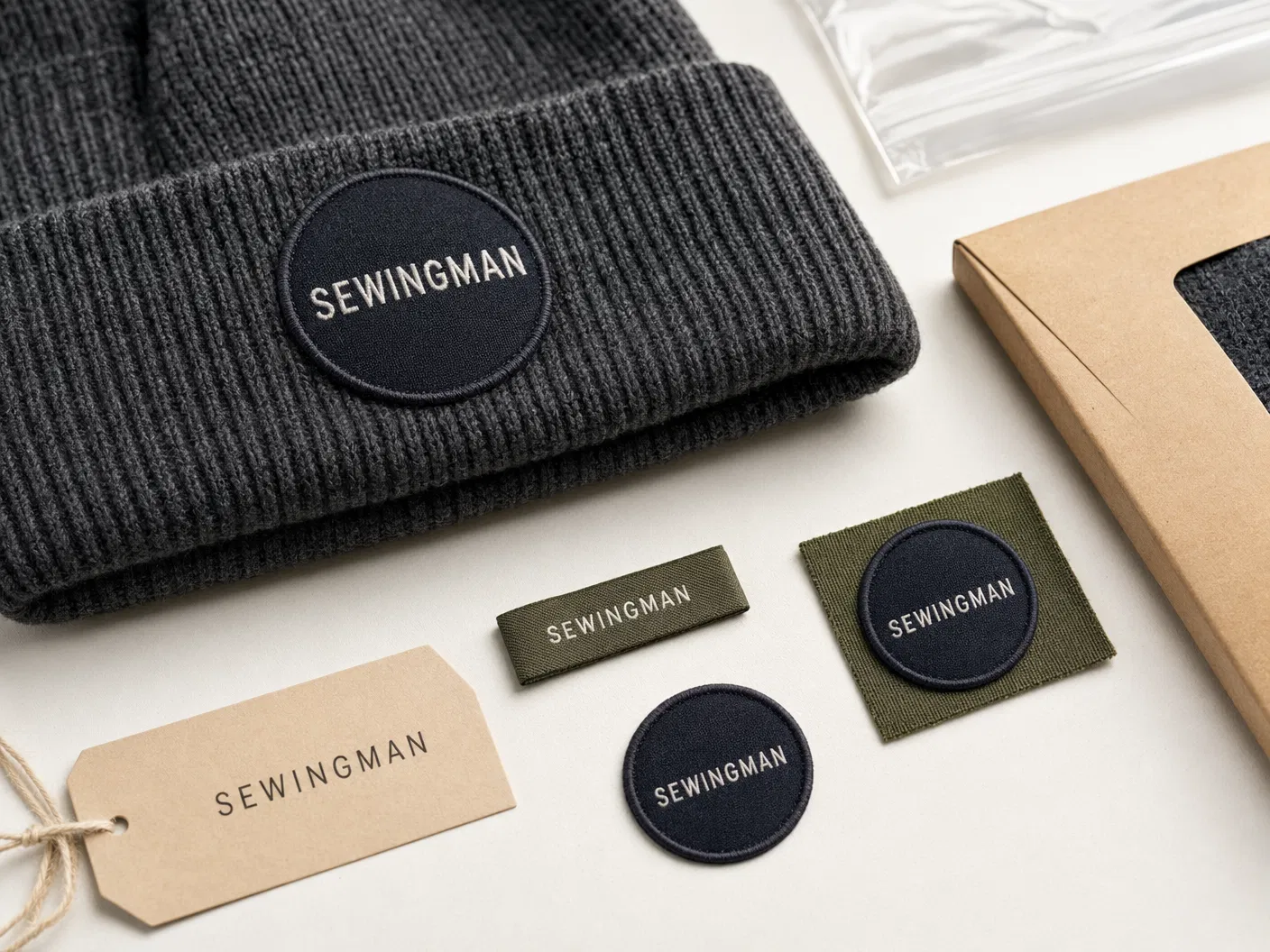 Macro detail of SEWINGMAN promotional beanie logo patch, woven label, hangtag, patch sample, poly bag and kraft packaging sleeve