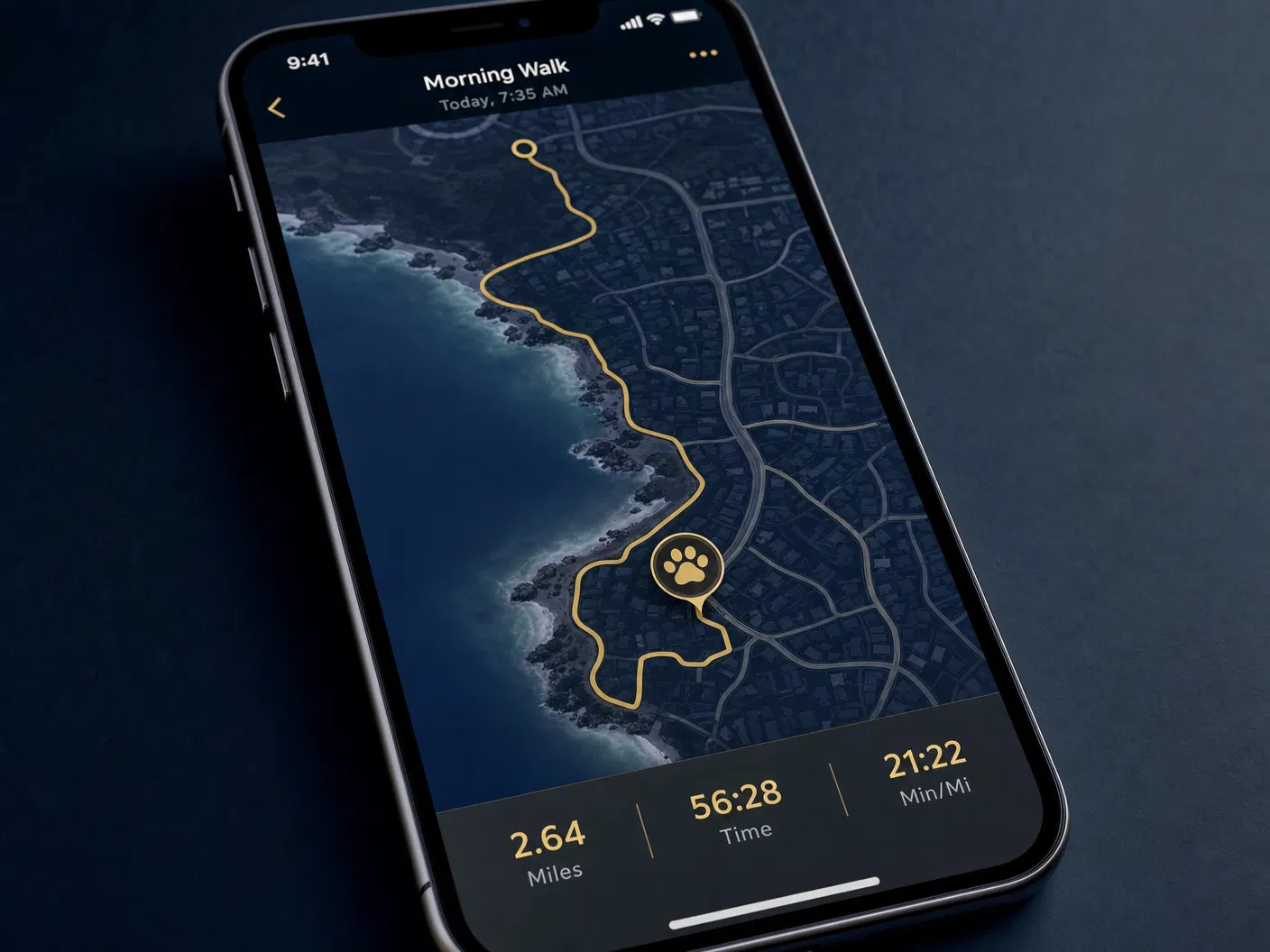 GPS route map on smartphone showing a dog walk along the Wollongong coastline