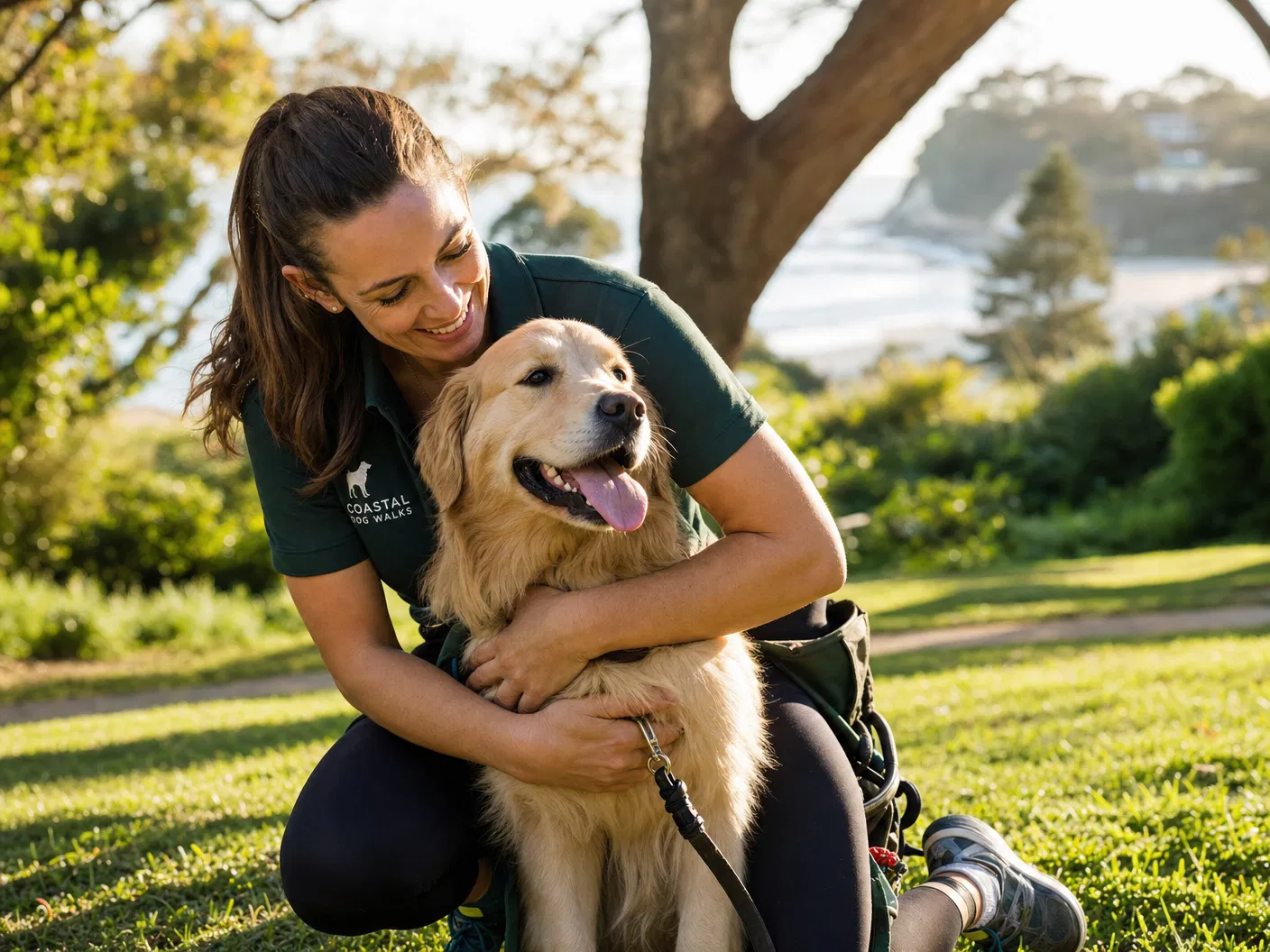 Professional dog walker warmly embracing a golden retriever in a coastal Australian park