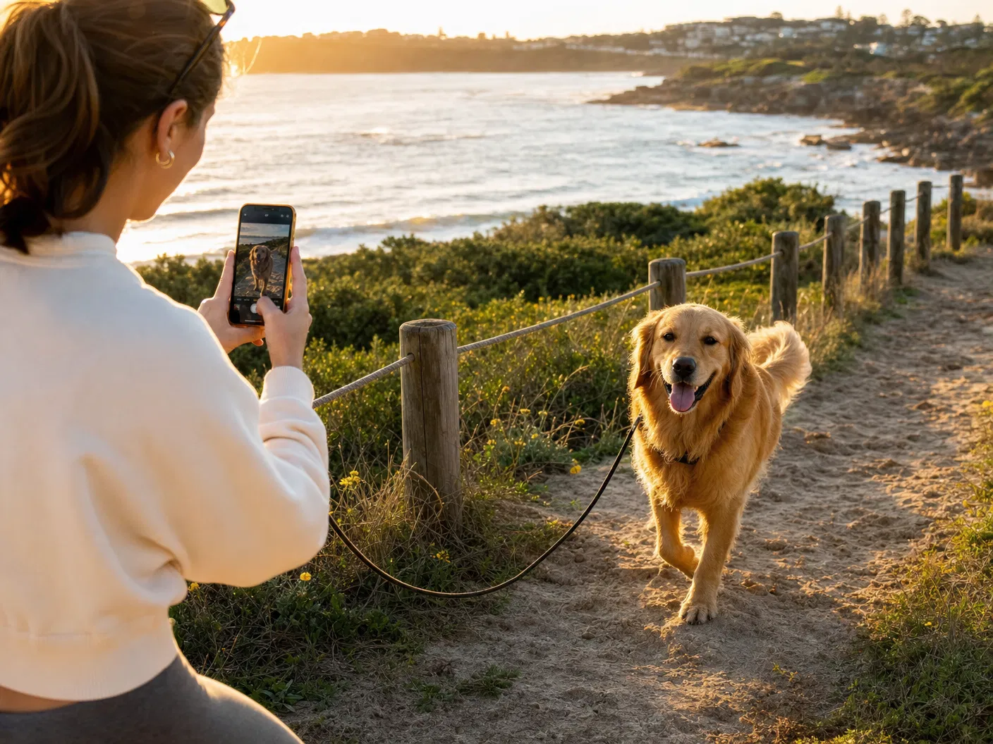 Dog walker photographing a happy golden retriever on a coastal beach path