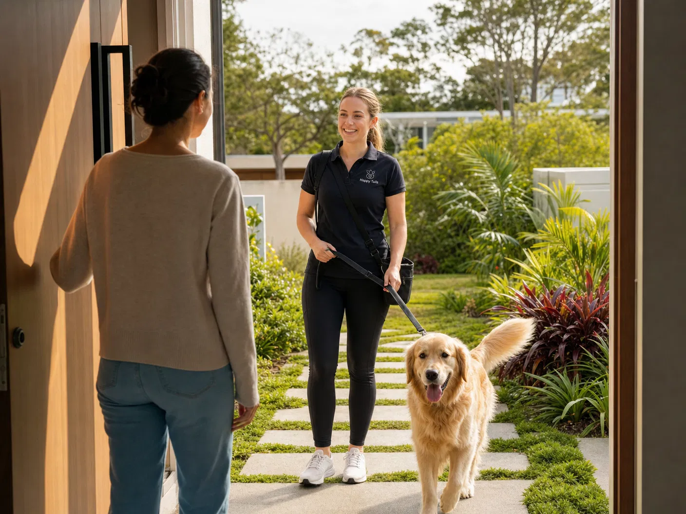Professional dog walker arriving at an Australian home with a golden retriever on a leash