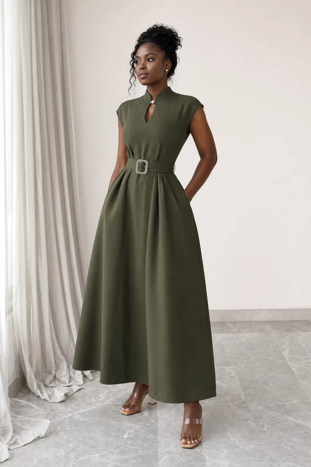 Olive Jewel-Belt Maxi Dress