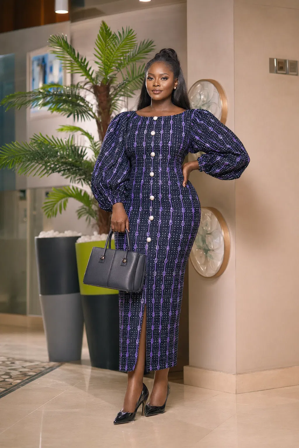 Navy Abstract Puff-Sleeve Midi Dress
