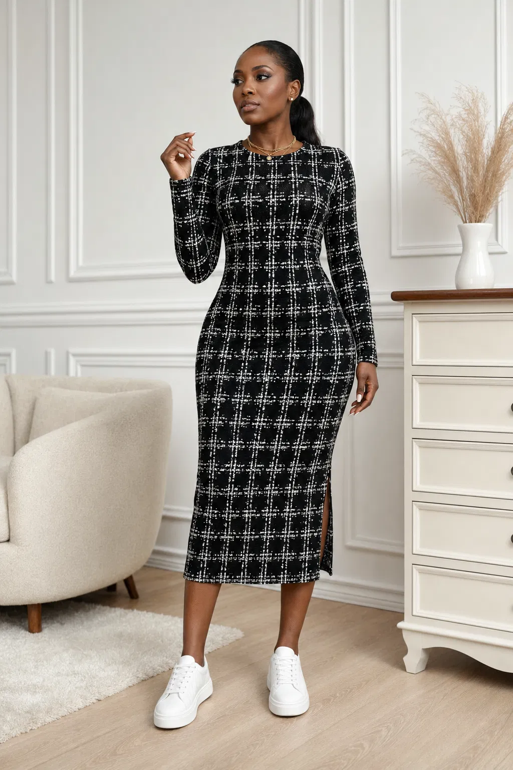 Black Tweed Grid Midi Bodycon Dress